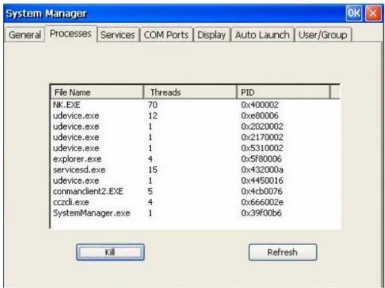 System Manager General Processes Services COM Ports Display Auto Launch User/Group File Name Threads PID NK.EXE 70 0x400002 udevice.exe 12 0xe80006 udevice.exe 1 0x2020002 udevice.exe 1 0x2170002 udevice.exe 1 0x5310002 explorer.exe 4 0x5f80006 servicesd.exe 15 0x432000a udevice.exe 1 0x4450016 conmandient2.EXE 5 0x4cb0076 cczcli.exe 4 0x666002e SystemManager.exe 1 0x39f00b6 Kill Refresh