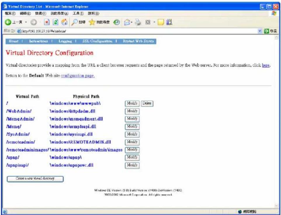 Virtual Directory List - Microsoft Internet Explorer 首页 | 编辑 | 模板 | 我的登录 | 工具 | 说明 | 上一页 • 搜索 | 搜索 | 搜索 | 搜索 | 搜索 | 网址 http://91.108.27.18/WebAdmin/ Home | Instructions | Logging | SSL Configuration | Restart Web Server Virtual Directory Configuration Virtual directories provide a mapping from the URL a client browser requests and the page returned by the Web server. For more information, click here. Return to the Default Web site configuration page. Virtual Path Physical Path / \windows\www\wwwpub\ Modify Delete /Web Admin/ \windows\tptdadm.dll Modify /MsmqAdmin/ \windows\memqadmext.dll Modify /Msmq/ \windows\rmplsapi.dll Modify /SyaAdmin/ \windows\eysinapi.dll Modify /remoteadmin/ \windows\REMOTEADMIN.dll Modify /remoteadminimages/\\windows\www\remoteadmin\\images Modify /upnp/ \windows\upnpA Modify /upnpisapi/ \windows\upnpevc.dll Modify Create a new virtual discovery Windows CE Version (5.0) Build Version (1400) System (1400) 2000-2002 Microsoft Corporation. All rights reserved.