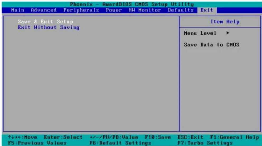 Phoenix - AwardBIOS CMOS Setup Utility Main Advanced Peripherals Power HW Monitor Defaults Exit Save & Exit Setup Exit Without Saving ↑↓→+:Move Enter:Select +/-/PU/PD:Value F10:Save ESC:Exit F1:General Help F5:Previous Values F6:Default Settings F7:Turbo Settings Item Help Menu Level ▶ Save Data to CMOS