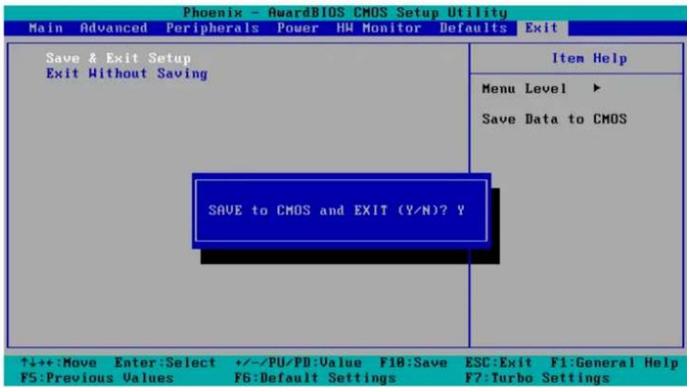 Phoenix - AwardBIOS CMOS Setup Utility Main Advanced Peripherals Power HW Monitor Defaults Exit Save & Exit Setup Exit Without Saving Item Help Menu Level ▶ Save Data to CMOS SAVE to CMOS and EXIT (Y/N)? Y ↑↓++:Move Enter:Select +/-/PU/PD:Value F10:Save ESC:Exit F1:General Help F5:Previous Values F6:Default Settings F7:Turbo Settings