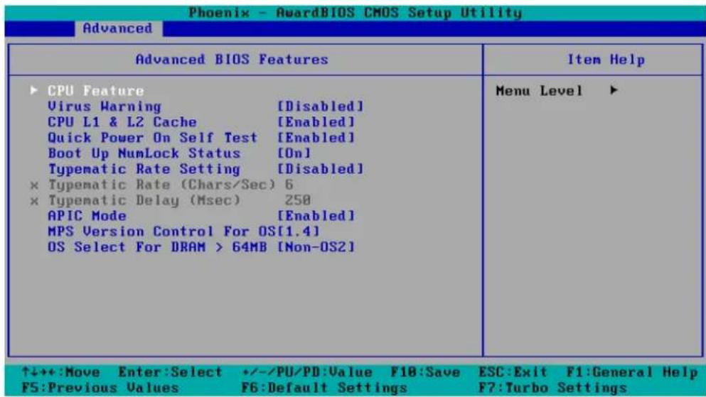 Phoenix - AwardBIOS CMOS Setup Utility Advanced Advanced BIOS Features ►CPU Feature Virus Warning [Disabled] CPU L1 & L2 Cache [Enabled] Quick Power On Self Test [Enabled] Boot Up NumLock Status [On] Typematic Rate Setting [Disabled] × Typematic Rate (Chars/Sec) 6 × Typematic Delay (Msec) 250 APIC Mode [Enabled] MPS Version Control For OS[1.4] OS Select For DRAM > 64MB [Non-OS2] Menu Level ► ↑↓++:Move Enter:Select +/-/PU/PD:Value F18:Save ESC:Exit F1:General Help F5:Previous Values F6:Default Settings F7:Turbo Settings