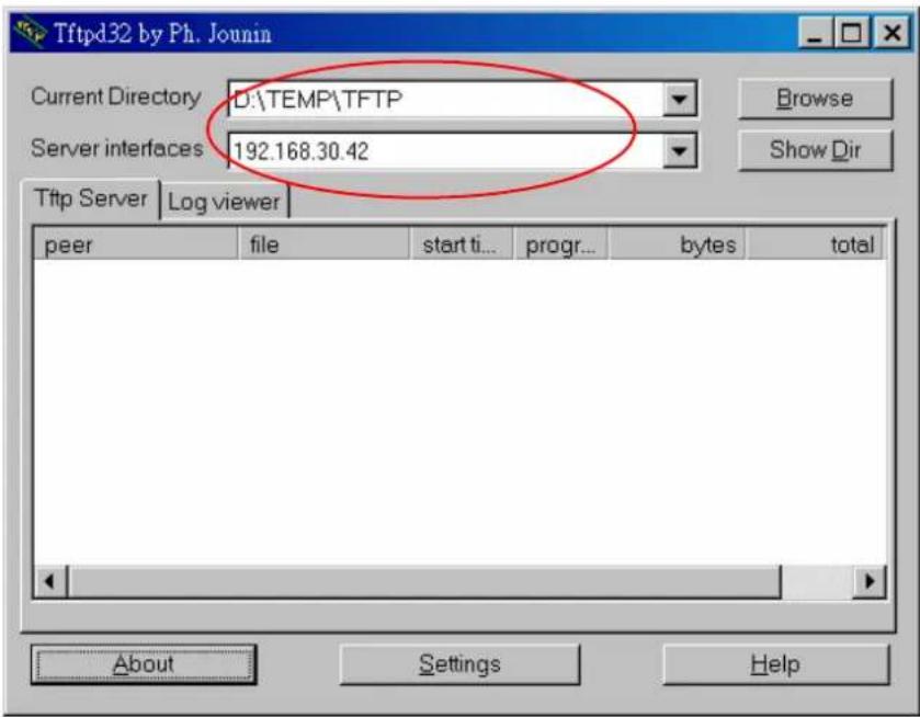 Tftpd32 by Ph. Jounin Current Directory D:\TEMP\TFTP Server interfaces 192.168.30.42 Tftp Server | Log viewer peer file start ti... progr... bytes total About Settings Help