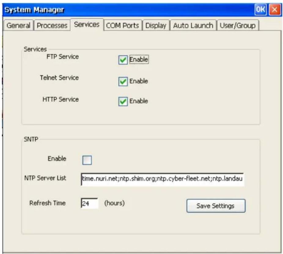 System Manager General Processes Services COM Ports Display Auto Launch User/Group Services FTP Service Enable Telnet Service Enable HTTP Service Enable SNTP Enable NTP Server List time.nuri.net;ntp.shim.org;ntp.cyber-fleet.net;ntp.landau Refresh Time 24 (hours) Save Settings