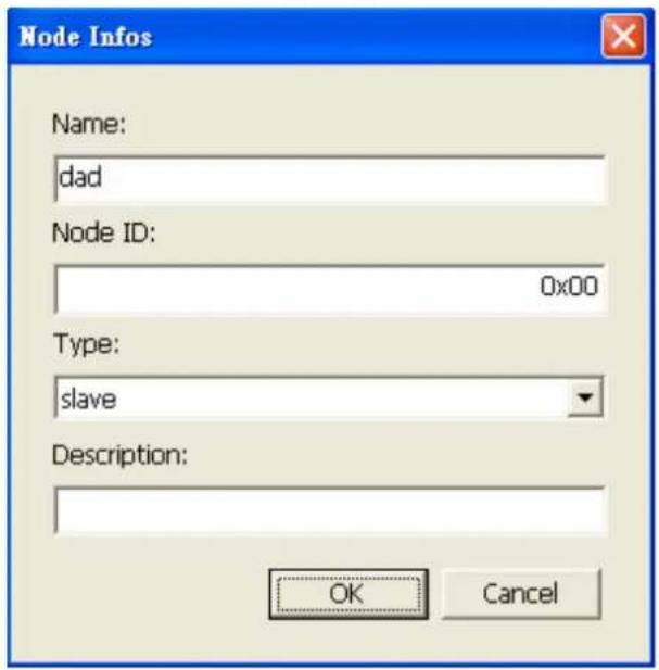 Node Infos Name: dad Node ID: 0x00 Type: slave Description: OK Cancel