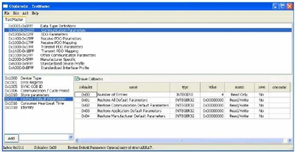 Obiectedix - TestMaster File Edit Add Help TestMaster Dx0001-0x0FFF Data Type Definitions Dx500-0x109 Communication Parameters Dx1200-0x129F SDO Parameters Dx1400-0x159F Receive PDC Parameters Dx1600-0x179F Receive PDC Mapping Dx1800-0x199F Transmit PDC Parameters Dx1400-0x189F Transmit PDC Mapping Dx1000-0x199F Other Communication Parameters Dx2000-0x5FFF Manufacturer Specific Dx500-0x6FFF Standardized Device Profile DxA000-0x6FFF Standardized Interface Profile Dx1000 Device Type DX1001 Error Register DX1005 SYNC COB ID DX1006 Communication / Cycle Period DX1010 Store parameters DX1011 Restore Default Parameters DX1016 Consumer Heartbeat Time DX1018 Identity Have Callbacks Inloadset name type value access save counter 0x00 Number of Entries INTEGER8 4 Read Only No 0x01 Restore All Default Parameters INTEGER32 0x0000000 Read/Write No 0x02 Restore Communication Default Parameters INTEGER32 0x0000000 Read/Write No 0x03 Restore Application Default Parameters INTEGER32 0x0000000 Read/Write No 0x04 Restore Manufacturer Default Parameters INTEGER32 0x0000000 Read/Write No Add Index: 0x1011 Subindex: 0x00 Restore Default Parameters Options each entry of struct ARRAY.
