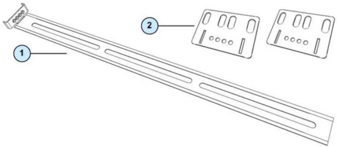 Technical diagram of a mechanical component with labeled parts 1 and 2, showing internal structure and mounting brackets.
