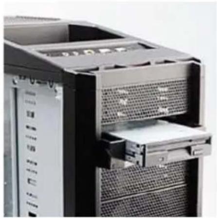 Close-up of a desktop computer tower with visible drive bays and ventilation slots (no text or symbols)