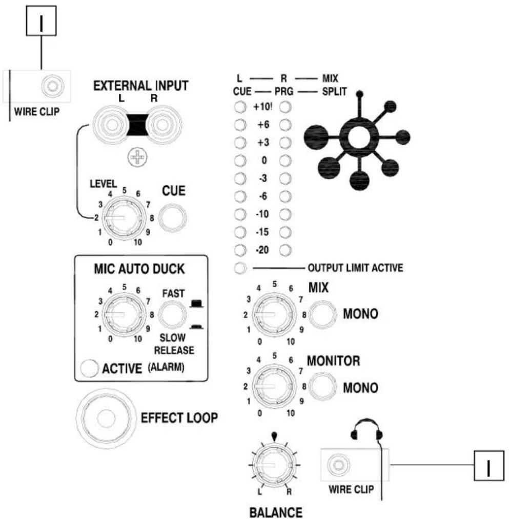 WIRE CLIP EXTERNAL INPUT L R LEVEL 4 5 6 7 3 8 1 0 10 CUE MIC AUTO DUCK FAST SLOW RELEASE ACTIVE (ALARM) EFFECT LOOP BALANCE L R MIX CUE —— R —— MIX PRG —— SPLIT +10! +6 +3 0 -3 -6 -10 -15 -20 OUTPUT LIMIT ACTIVE MIX MONO MONITOR MONO WIRE CLIP