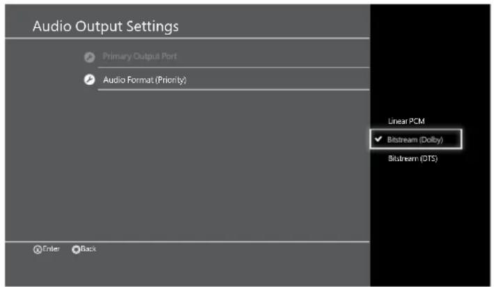 Audio Output Settings Primary Output Port Audio Format (Priority) Linear PCM ✓ Bitstream (Dolby) Bitstream (OTS) Enter Back