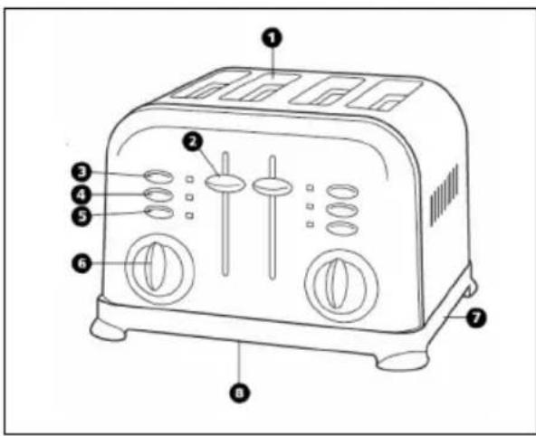 Labeled diagram of a toaster with numbered parts for identification