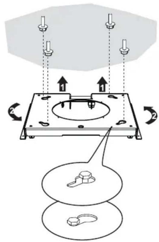 Diagram illustrating a mechanical assembly with labeled components and directional arrows, including footprints and parts.