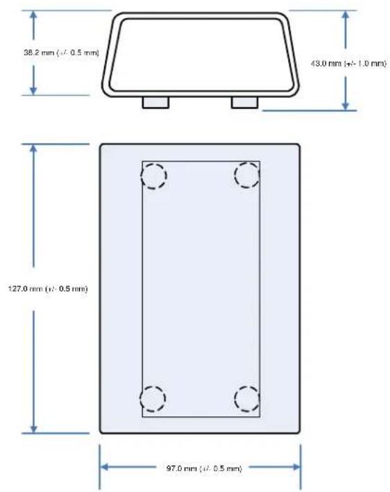 38.2 mm (+/- 0.5 mm) 43.0 mm (+/- 1.0 mm) 127.0 mm (+/- 0.5 mm) 97.0 mm (+/- 0.5 mm)