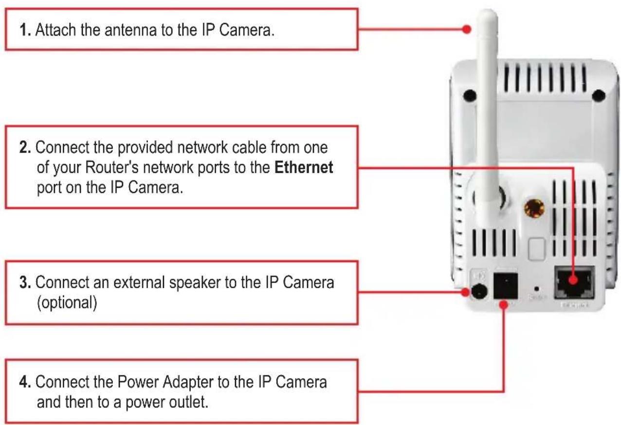 1. Attach the antenna to the IP Camera. 2. Connect the provided network cable from one of your Router's network ports to the Ethernet port on the IP Camera. 3. Connect an external speaker to the IP Camera (optional) 4. Connect the Power Adapter to the IP Camera and then to a power outlet.