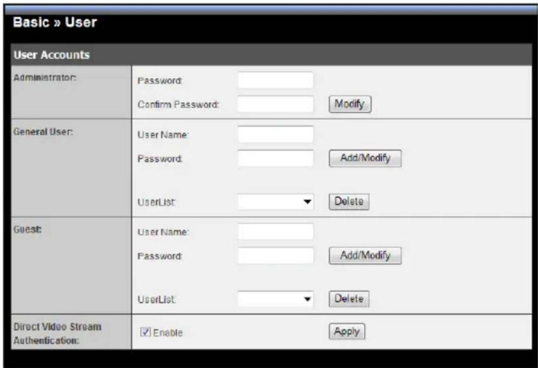 Basic » User User Accounts Administrator: Password: Confirm Password: Modify General User: User Name: Password: Add/Modify UserList: Delete Guest: User Name: Password: Add/Modify UserList: Delete Direct Video Stream Authentication: Enable Apply