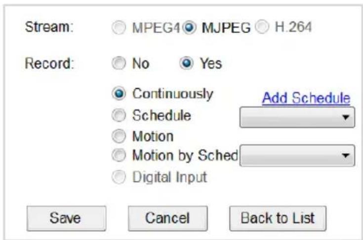 Stream: MPEG4 MJPEG H.264 Record: No Yes Continuously Add Schedule Schedule Motion Motion by Sched Digital Input Save Cancel Back to List