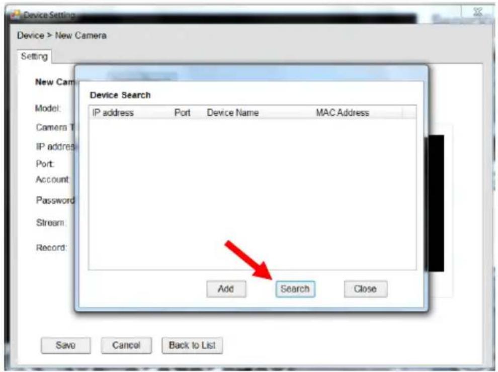 Device Setting Device > New Camera Setting New Cam Model: Camera T IP address Port: Account Password Stream: Record: Device Search IP address Port Device Name MAC Address Add Search Close Save Cancel Back to List