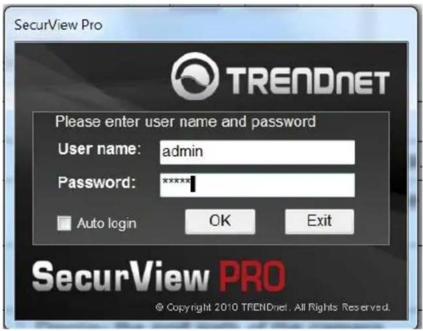 SecurView Pro TRENDNET Please enter user name and password User name: admin Password: ***** Auto login OK Exit SecurView PRO © Copyright 2010 TRENDnet. All Rights Reserved.
