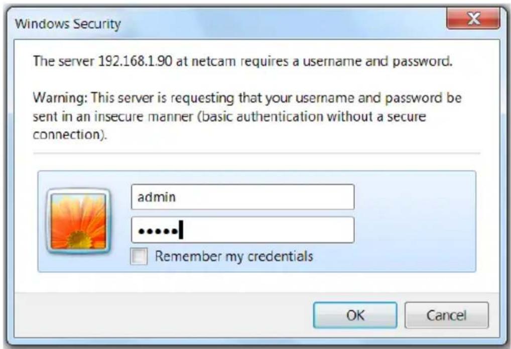Windows Security The server 192.168.1.90 at netcam requires a username and password. Warning: This server is requesting that your username and password be sent in an insecure manner (basic authentication without a secure connection). admin ......+ Remember my credentials OK Cancel