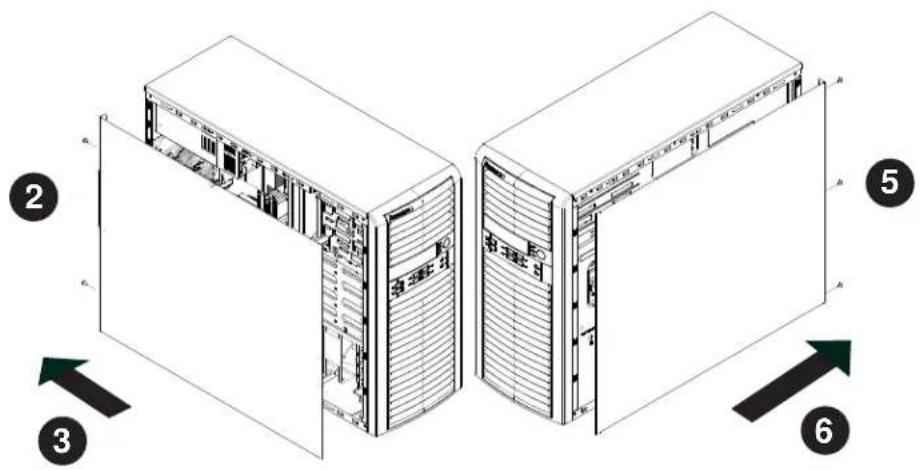 Technical diagram showing two server racks with labeled components and directional arrows indicating assembly or data flow.