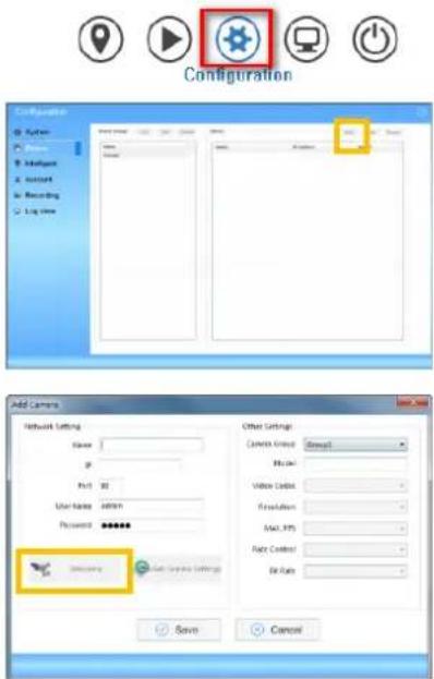 Configuration Add Camera Network Settings Name: IP Port: IP User Name: user Password: ****** OK/Cancel Other Settings Camera Group: Drought Block: Video Cable: Resolution: Max. PPS: Rule Control: Bit Rate: Save Cancel