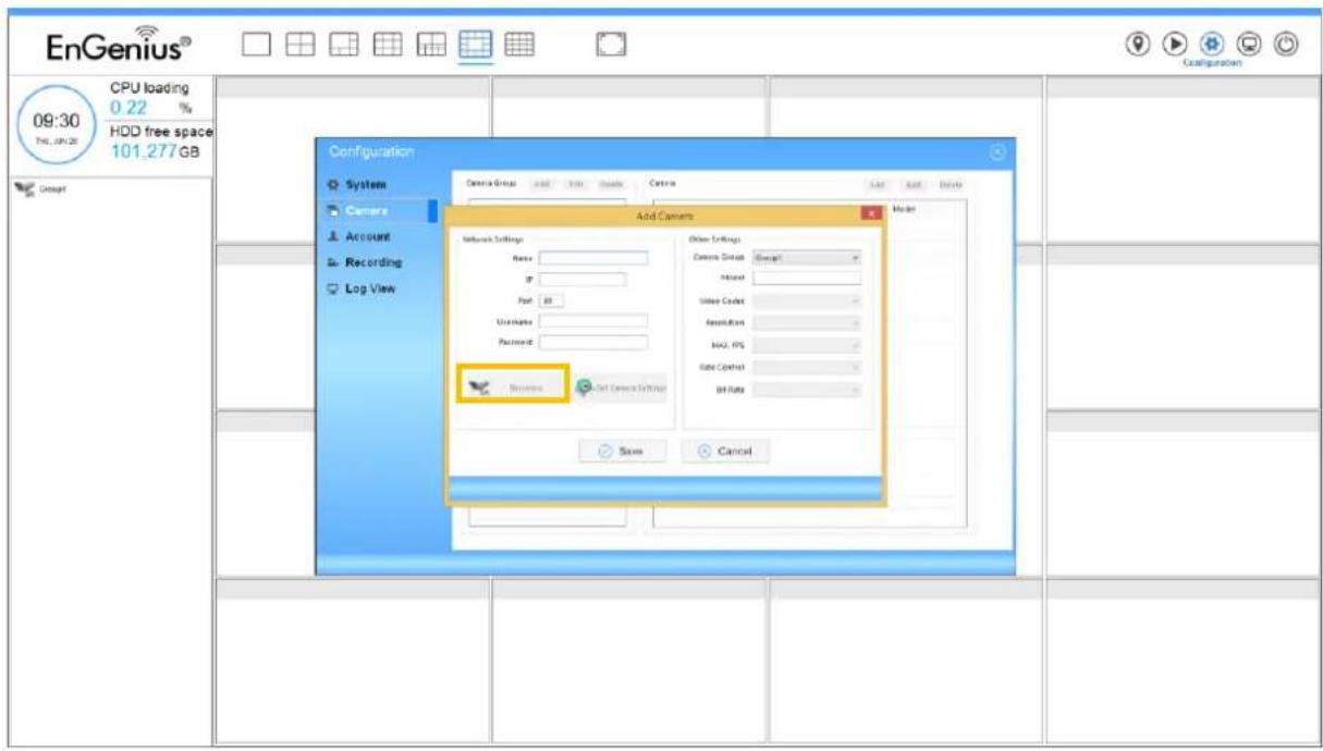EnGenius® 09:30 CPU loading 0.22 % HDD free space 101,277 GB Configuration System Camera Account Recording Log View Add Camera Network Settings Name: IP Port: 88 Username: Password: Browse Add Camera Settings Other Settings Camera Group Event Audio Video Code Resolution MAC EPS Rate Control Bit Rate Save Cancel