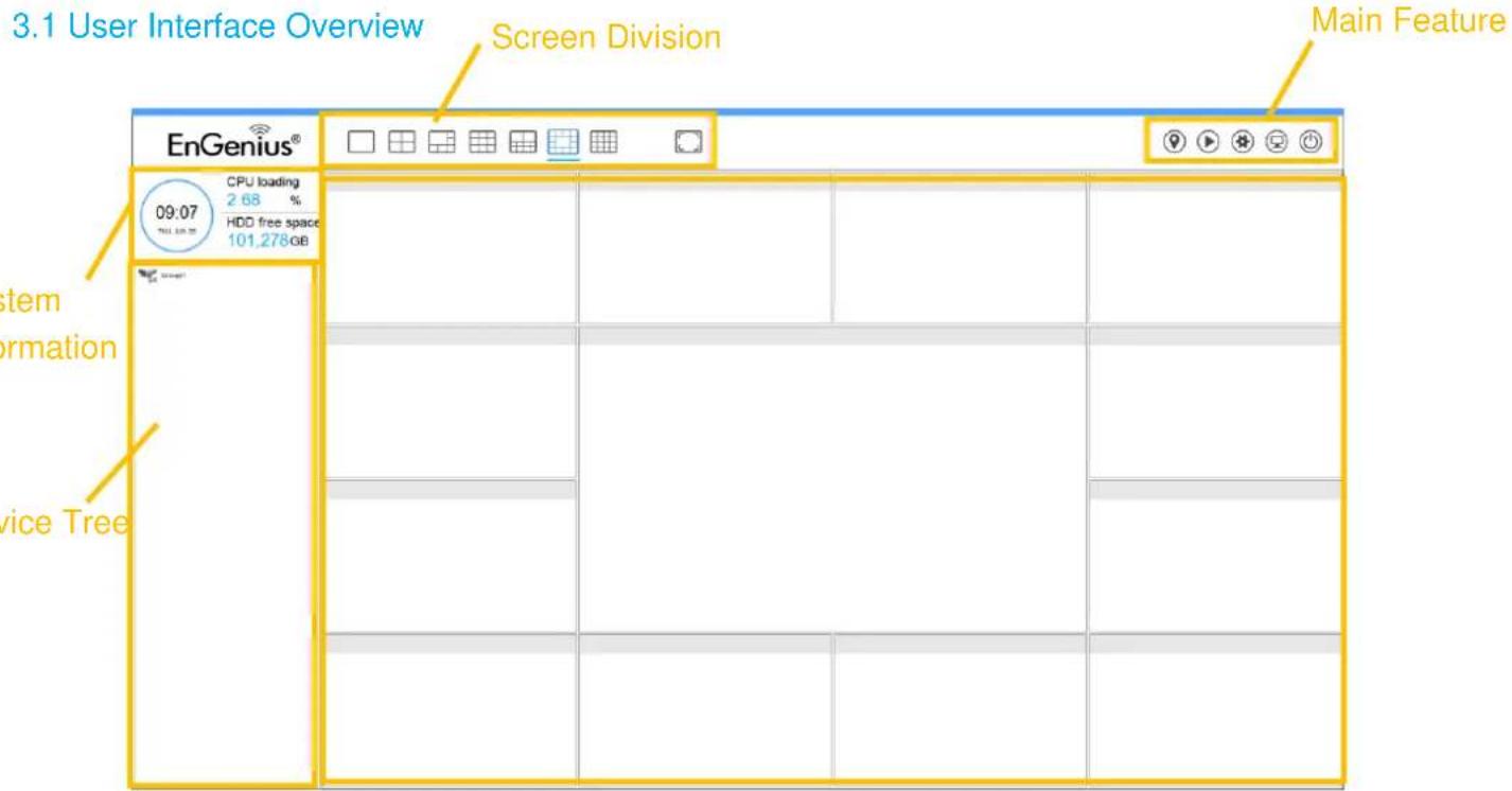3.1 User Interface Overview Screen Division EnGenius® 09:07 CPU loading 2.68 % HDD free space 101.278 GB System Information Service Tree Main Feature
