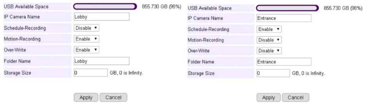 USB Available Space 855.730 GB (98%) IP Camera Name Lobby Schedule-Recording Disable ▼ Motion-Recording Enable ▼ Over-Write Enable ▼ Folder Name Lobby Storage Size 0 GB, 0 is Infinity. Apply Cancel USB Available Space 855.730 GB (98%) IP Camera Name Entrance Schedule-Recording Enable ▼ Motion-Recording Disable ▼ Over-Write Disable ▼ Folder Name Entrance Storage Size 0 GB, 0 is Infinity. Apply Cancel Apply Cancel