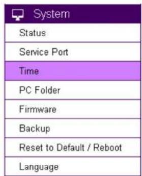 System Status Service Port Time PC Folder Firmware Backup Reset to Default / Reboot Language