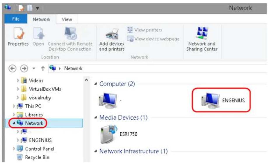 Network File Network View Properties Open Connect with Remote Desktop Connection Location Add devices and printers View printers View device webpage Network Network and Sharing Center Network Videos VirtualBox VMs visualruby This PC Libraries Network Computer (2) ENGENIUS Media Devices (1) ESR1750 Network Infrastructure (1)