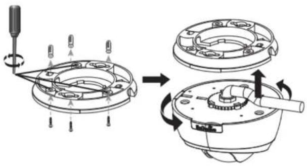 Technical diagram showing mechanical assembly steps with labeled components and directional arrows indicating motion