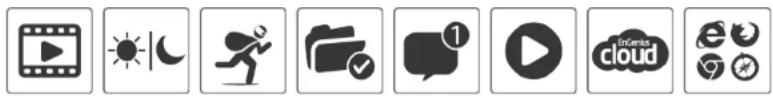 Row of eight black-and-white icons representing media and cloud services, including play button, moon, person, folder, speech bubble, cloud, and email.
