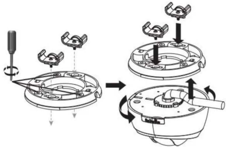 Technical diagram illustrating mechanical assembly steps with labeled components and directional arrows indicating motion.