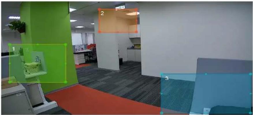 Office interior photo with numbered annotations highlighting spatial locations and UI elements