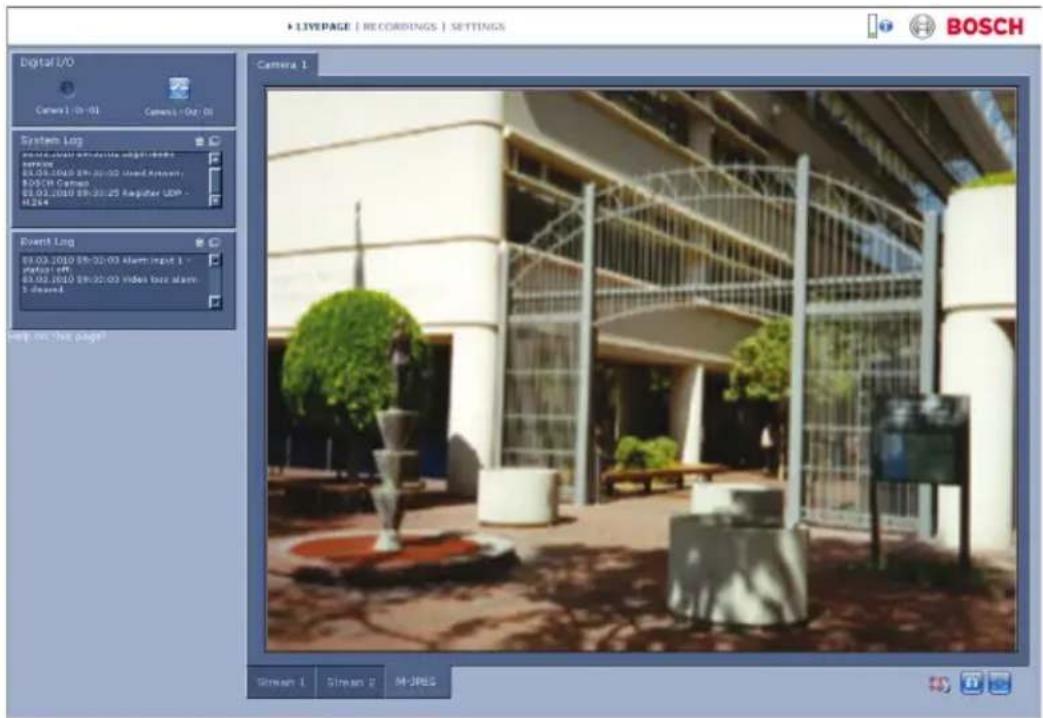 LIVEPAGE | RECORDINGS | SETTINGS Digital I/O Camera 1 - 01 Camera 1 - 01 System Log service: 08.03.2010 EN-32:03 Open Access 08.03.2010 EN-32:03 Open Access 08.03.2010 EN-32:25 Register UDP 16244 Event Log 08.03.2010 EN-32:03 Alerting IP 08.03.2010 EN-32:03 Video press alarm 5 displayed http://www.iota pages/ Stream 1 Stream 2 M-JRGS BOSCH