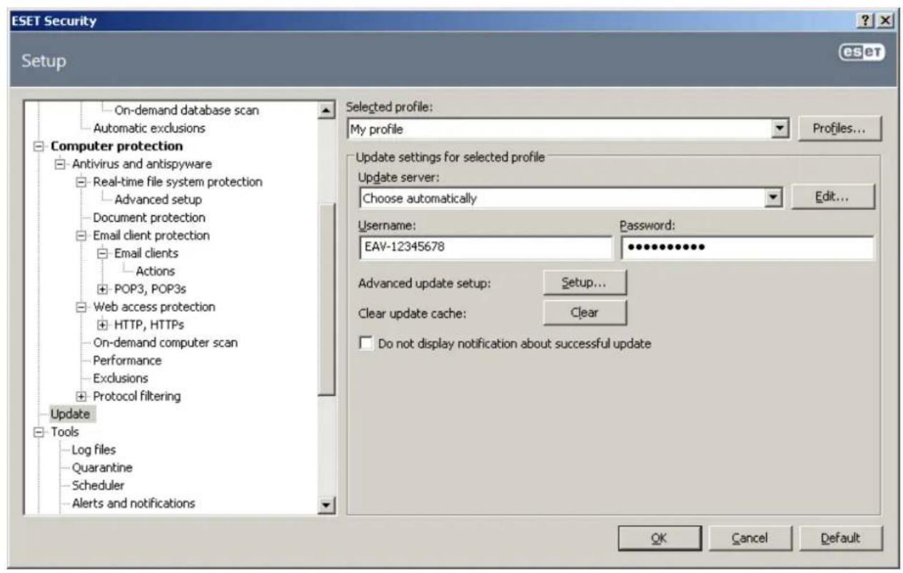 ESET Security Setup On-demand database scan Automatic exclusions Computer protection Antivirus and antispyware Real-time file system protection Advanced setup Document protection Email client protection Email clients Actions POP3, POP3s Web access protection HTTP, HTTPS On-demand computer scan Performance Exclusions Protocol filtering Update Tools Log files Quarantine Scheduler Alerts and notifications Selected profile: My profile Profiles... Update settings for selected profile Update server: Choose automatically Edit... Username: EAV-12345678 Password: ************ Advanced update setup: Setup... Clear update cache: Clear Do not display notification about successful update OK Cancel Default