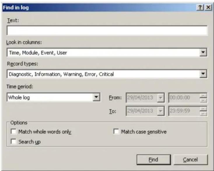Find in log Text: Look in columns: Time, Module, Event, User Record types: Diagnostic, Information, Warning, Error, Critical Time period: Whole log From: 29/04/2013 00:00:00 To: 29/04/2013 23:59:59 Options Match whole words only Match case sensitive Search up Find Cancel