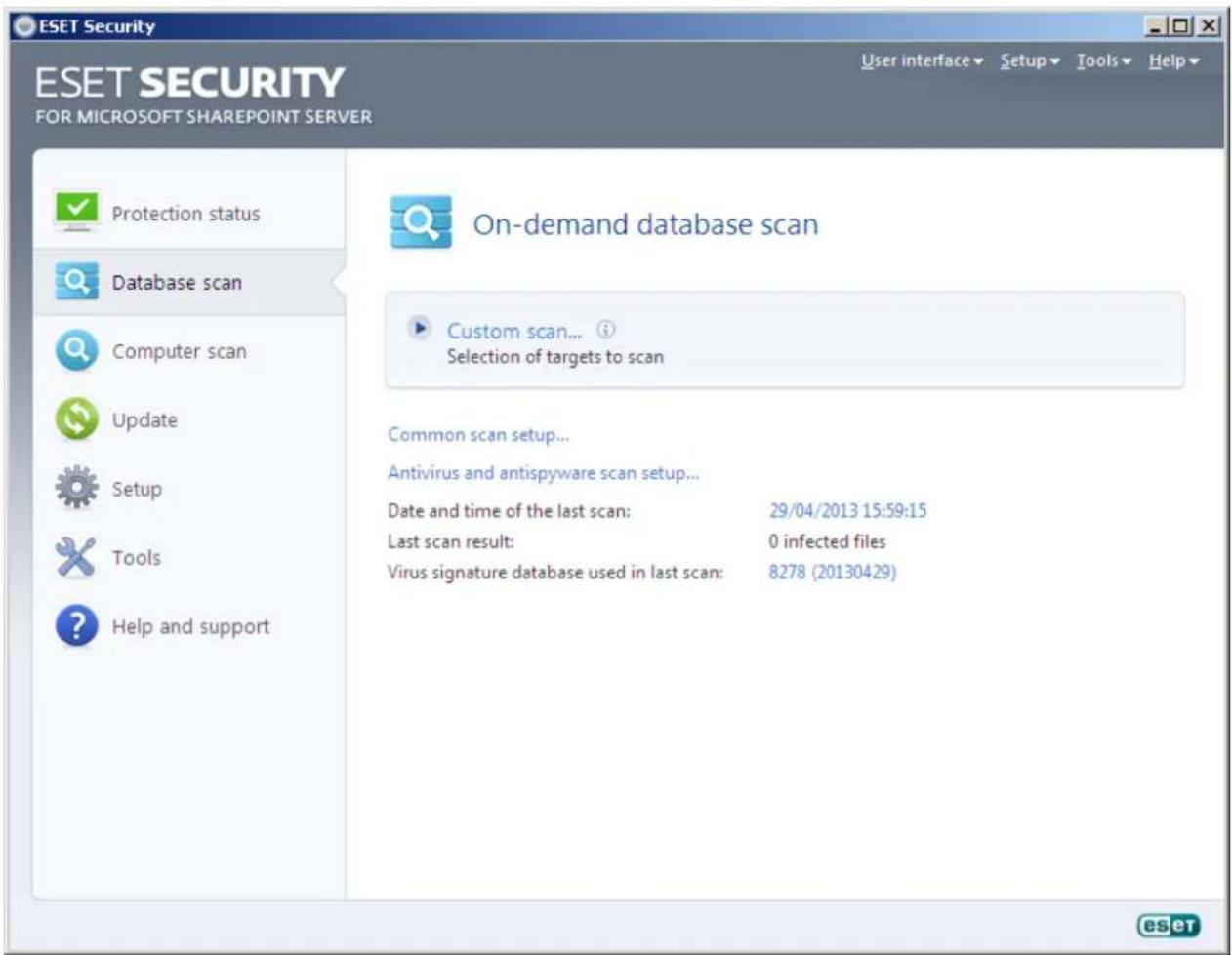 ESET Security FOR MICROSOFT SHAREPOINT SERVER Protection status Database scan Computer scan Update Setup Tools Help and support On-demand database scan Custom scan... Selection of targets to scan Common scan setup... Antivirus and antispyware scan setup... Date and time of the last scan: 29/04/2013 15:59:15 Last scan result: 0 infected files Virus signature database used in last scan: 8278 (20130429)