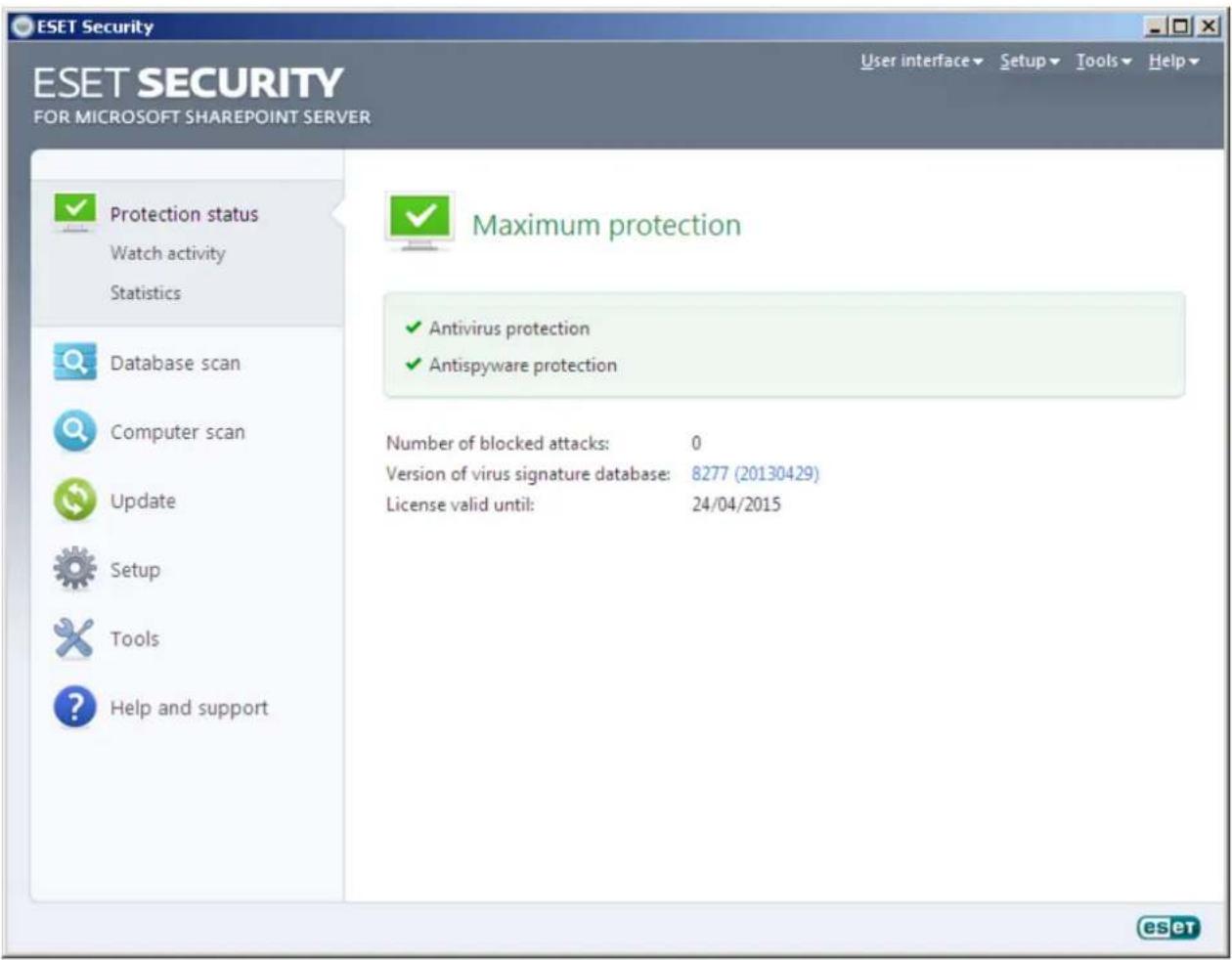 ESET Security ESET SECURITY FOR MICROSOFT SHAREPOINT SERVER User interface Setup Tools Help Protection status Watch activity Statistics Database scan Computer scan Update Setup Tools Help and support Maximum protection ✓ Antivirus protection ✓ Antispyware protection Number of blocked attacks: 0 Version of virus signature database: 8277 (20130429) License valid until: 24/04/2015