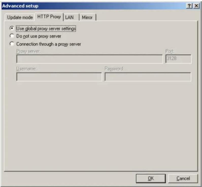 Advanced setup Update mode HTTP Proxy LAN Mirror Use global proxy server settings Do not use proxy server Connection through a proxy server Proxy server: Port: 3128 Username: Password: OK Cancel