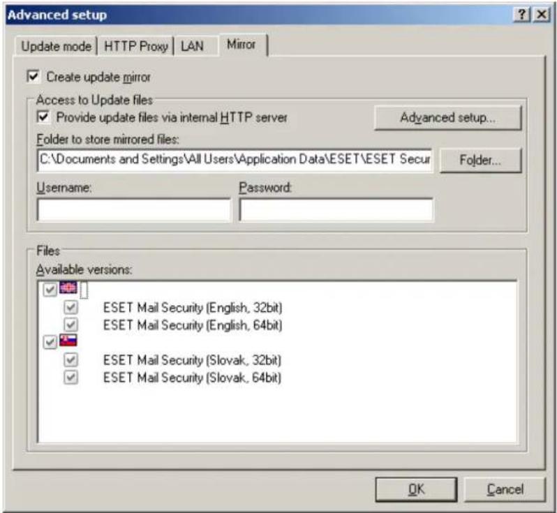 Advanced setup Update mode | HTTP Proxy | LAN | Mirror | ✓ Create update mirror Access to Update files ✓ Provide update files via internal HTTP server Folder to store mirrored files: C:\Documents and Settings\All Users\Application Data\ESET\ESET Secur Username: Password: Files Available versions: ✓ ESET Mail Security (English, 32bit) ✓ ESET Mail Security (English, 64bit) ✓ ESET Mail Security (Slovak, 32bit) ✓ ESET Mail Security (Slovak, 64bit) OK Cancel