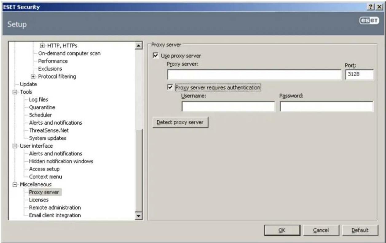 ESET Security Setup HTTP, HTTPS On-demand computer scan Performance Exclusions Protocol filtering Update Tools Log files Quarantine Scheduler Alerts and notifications ThreatSense.Net System updates User interface Alerts and notifications Hidden notification windows Access setup Context menu Miscellaneous Proxy server Licenses Remote administration Email client integration Proxy server Use proxy server Proxy server: Port: 3128 Proxy server requires authentication Username: Password: Detect proxy server OK Cancel Default