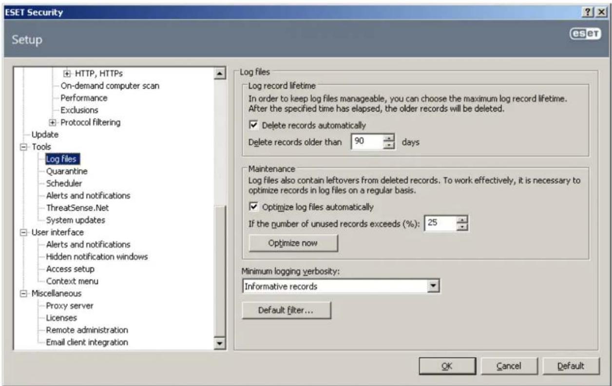 ESET Security Setup HTTP, HTTPS On-demand computer scan Performance Exclusions Protocol filtering Update Tools Log files Quarantine Scheduler Alerts and notifications ThreatSense.Net System updates User interface Alerts and notifications Hidden notification windows Access setup Context menu Miscellaneous Proxy server Licenses Remote administration Email client integration Log files Log record lifetime In order to keep log files manageable, you can choose the maximum log record lifetime. After the specified time has elapsed, the older records will be deleted. Delete records automatically Delete records older than 90 days Maintenance Log files also contain leftovers from deleted records. To work effectively, it is necessary to optimize records in log files on a regular basis. Optimize log files automatically If the number of unused records exceeds (%): 25 Optimize now Minimum logging verbosity: Informative records Default filter... OK Cancel Default
