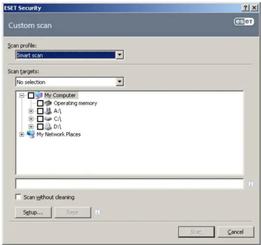 ESET Security Custom scan eset Scan profile: Smart scan Scan targets: No selection My Computer Operating memory A:\ C:\ D:\ My Network Places Scan without cleaning Setup... Save... Scan Cancel