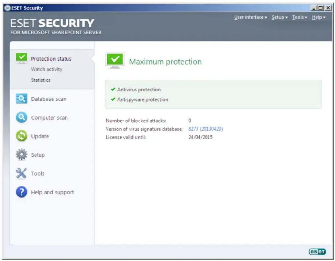ESET Security ESET SECURITY FOR MICROSOFT SHAREPOINT SERVER User interface Setup Tools Help Protection status Watch activity Statistics Database scan Computer scan Update Setup Tools Help and support Maximum protection ✓ Antivirus protection ✓ Antispyware protection Number of blocked attacks: 0 Version of virus signature database: 8277 (20130429) License valid until: 24/04/2015