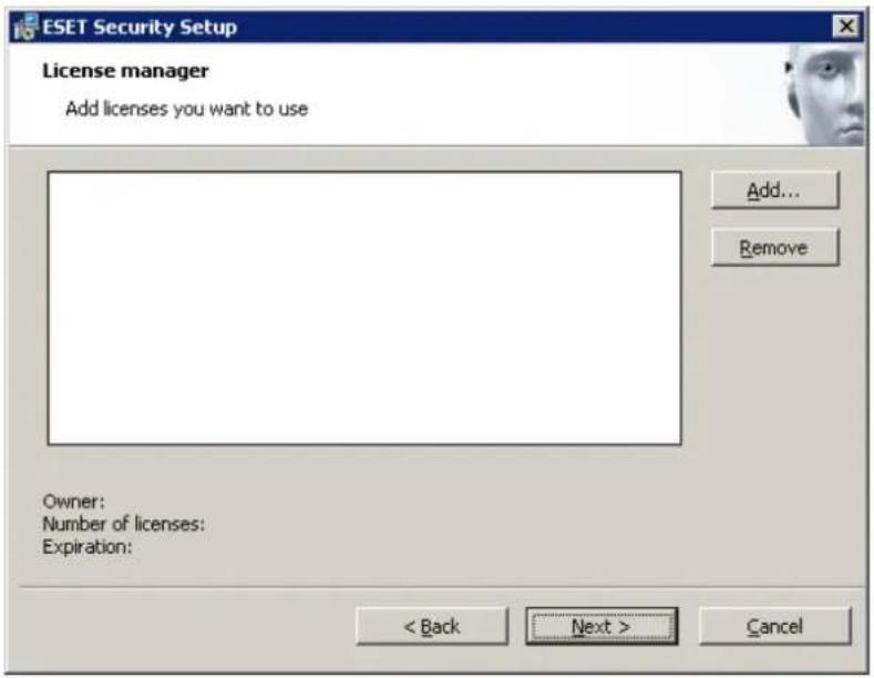 ESET Security Setup License manager Add licenses you want to use Add... Remove Owner: Number of licenses: Expiration: < Back Next > Cancel