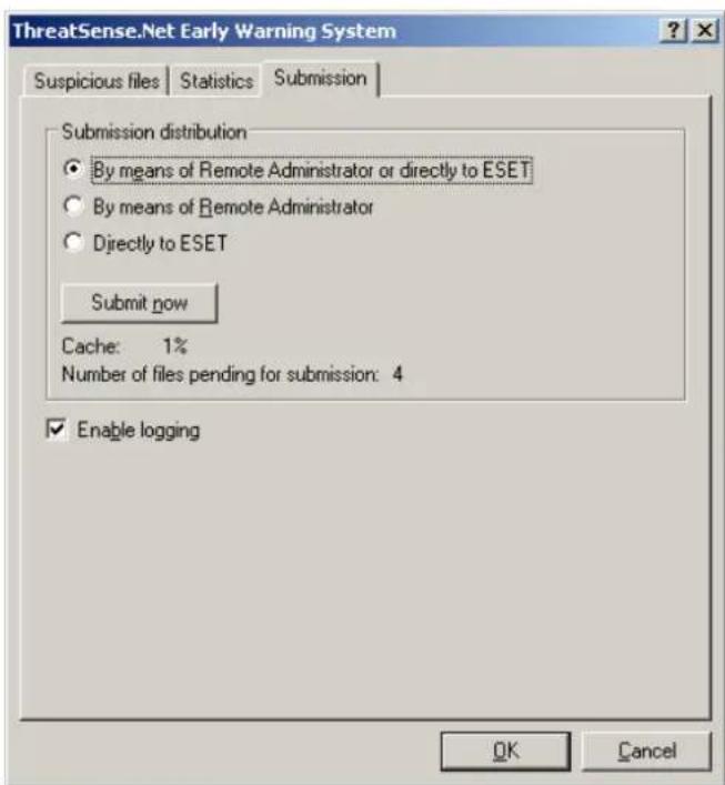 ThreatSense.Net Early Warning System Suspicious files | Statistics | Submission | Submission distribution By means of Remote Administrator or directly to ESET By means of Remote Administrator Directly to ESET Submit now Cache: 1% Number of files pending for submission: 4 Enable logging OK Cancel