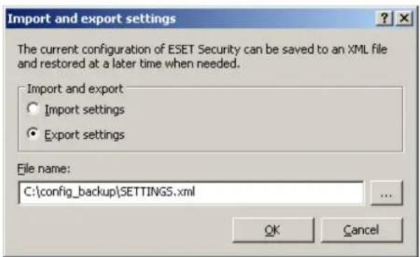Import and export settings The current configuration of ESET Security can be saved to an XML file and restored at a later time when needed. Import and export Import settings Export settings File name: C:\config_backup\SETTINGS.xml OK Cancel