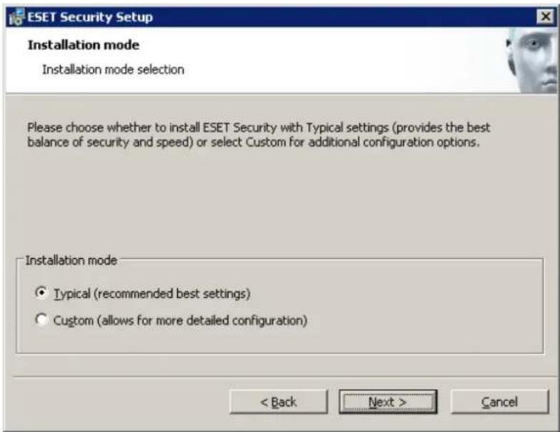 ESET Security Setup Installation mode Installation mode selection Please choose whether to install ESET Security with Typical settings (provides the best balance of security and speed) or select Custom for additional configuration options. Installation mode ● Typical (recommended best settings) ○ Custom (allows for more detailed configuration) < Back Next > Cancel