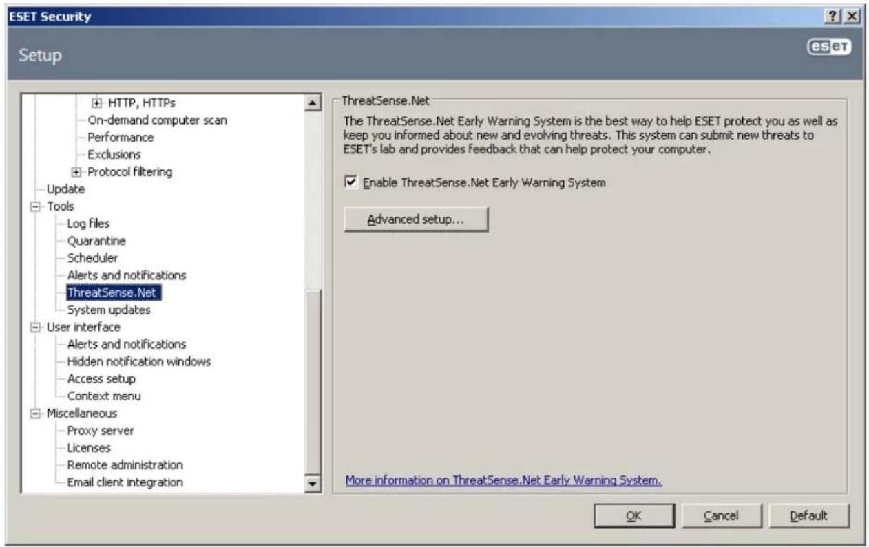 ESET Security Setup HTTP, HTTPS On-demand computer scan Performance Exclusions Protocol filtering Update Tools Log files Quarantine Scheduler Alerts and notifications ThreatSense.Net System updates User interface Alerts and notifications Hidden notification windows Access setup Context menu Miscellaneous Proxy server Licenses Remote administration Email client integration ThreatSense.Net The ThreatSense.Net Early Warning System is the best way to help ESET protect you as well as keep you informed about new and evolving threats. This system can submit new threats to ESET's lab and provides feedback that can help protect your computer. Enable ThreatSense.Net Early Warning System Advanced setup... More information on ThreatSense.Net Early Warning System. OK Cancel Default