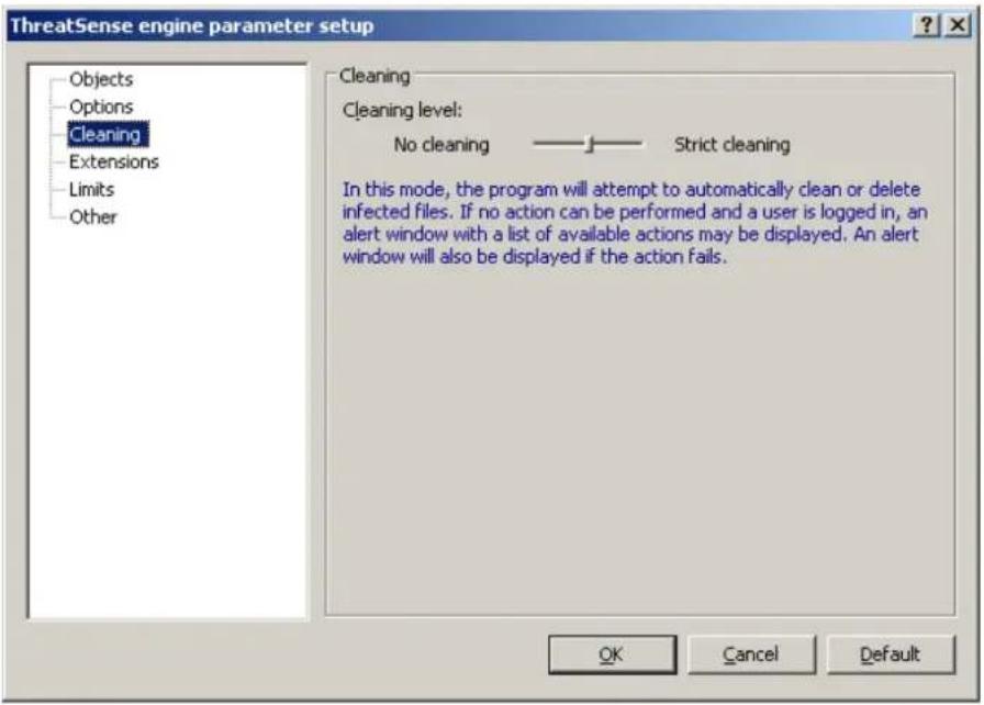 ThreatSense engine parameter setup Objects Options Cleaning Extensions Limits Other Cleaning Cleaning level: No cleaning —— Strict cleaning In this mode, the program will attempt to automatically clean or delete infected files. If no action can be performed and a user is logged in, an alert window with a list of available actions may be displayed. An alert window will also be displayed if the action fails. OK Cancel Default
